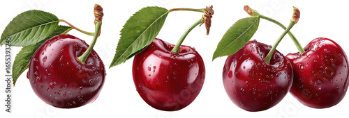 Three ripe cherries with green leaves, displayed against a black background.  Each cherry appears plump and glossy, with visible water droplets. The stems and leaves add a touch of freshness