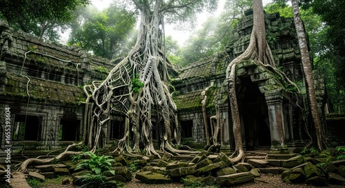 Ancient Temple Ruins Enveloped by Giant Tree Roots in Lush Green Jungle