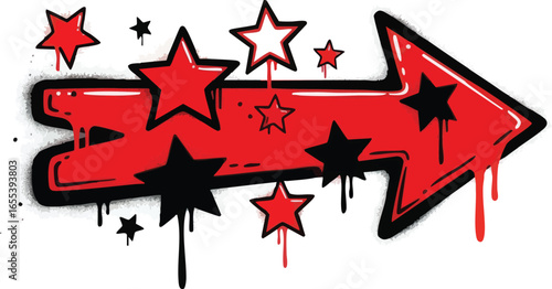 An edgy, spray-painted red arrow graphic with dripping paint and scattered red, black, and white stars.