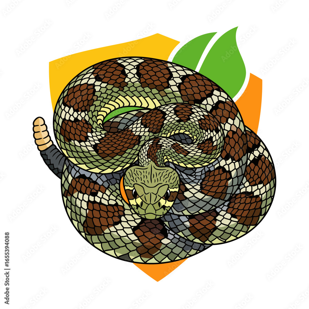Obraz premium Striking vector illustration of a protected Eastern diamondback rattlesnake in modern minimalist style with sharp lines and shield, capturing its intimidating elegance.