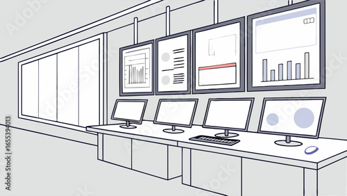 Modern Control Room with Multiple Displays and Data Visualization.