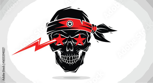 A striking graphic illustration of a black skull featuring a red bandana, star-filled eyes, and a powerful lightning bolt.