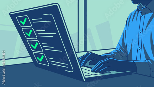 Person Working on Laptop with Checklist.
