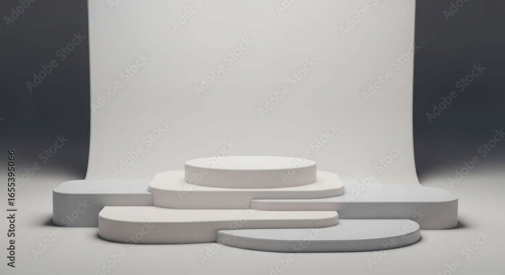 Fototapeta premium Abstract, minimalist, geometric display podiums in light gray and white, studio backdrop.