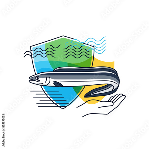 A vibrant vector illustration of a protected Japanese eel. The modern, minimalist design and clean lines symbolize its resilience within a powerful shield of conservation.
