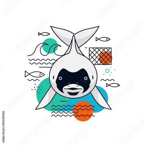 This professional vector art of a vaquita captures its endangered status. The minimalist, clean design, with symbols of gillnets and waves, tells a story of survival and conservation.