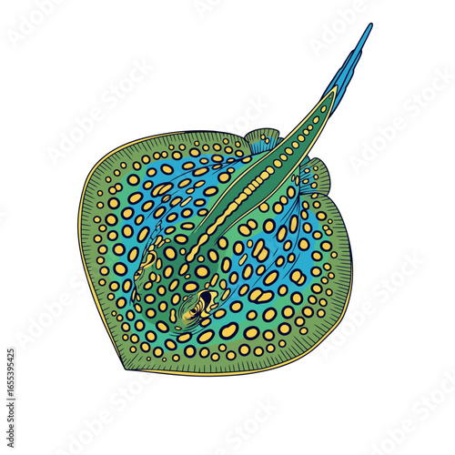 This professional vector illustration of a stingray captures its intricate pattern. The modern, minimalist style with sharp lines and bright colors makes for a beautiful, artful design.