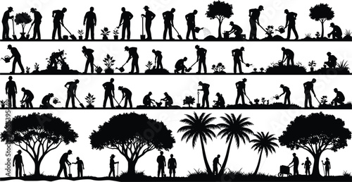 Silhouette of people gardening, planting trees, watering plants, nurturing nature, teamwork in green spaces, eco-friendly outdoor activity, environmental conservation, growth