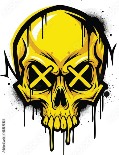 A striking yellow and black urban graffiti skull design with bold X-mark eyes, distressed paint drips, and energetic splatter effects.