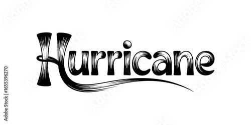 "Hurricane Hand-Drawn Typography Logo – Black and White Swirl Text Design, Isolated on White Background for Storm, Weather, or Natural Disaster Themes"