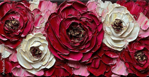 Vibrant Red and White Textured Floral Painting, Palette Knife Impasto Rose Wall Art, Modern Botanical Home Decor Background