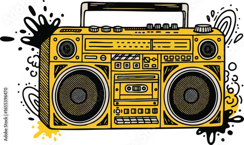 Illustration of a bright yellow boombox with black accents and doodles, featuring two large speakers and a cassette player.