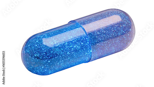 A close-up of a vibrant blue, glittery capsule