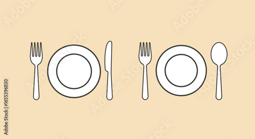 Minimalist Illustration of Table Setting with Plate Fork Spoon and Knife on Beige