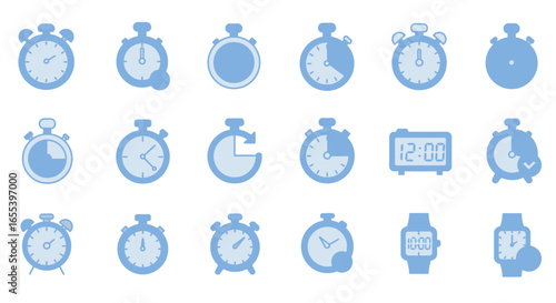 Collection of blue clock and timer icons for time management and productivity