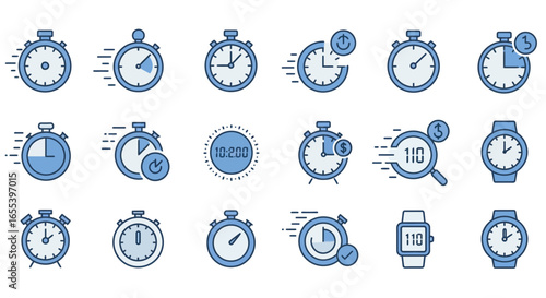 Collection of time tracking and management icons in various designs and styles
