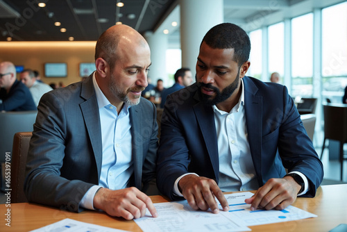 Two diverse businessmen, one Black and one white, collaborate on a project, seriously discussing charts and documents during a meeting in a business lounge