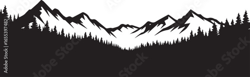 minimalist mountain landscape silhouette vector with black and white jagged snow peaks and dense pine forest scene art