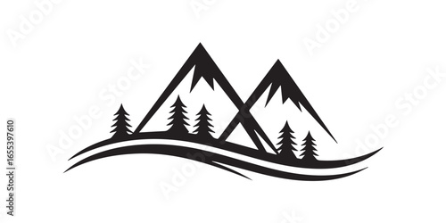 clean mountain line art vector with pine forest and rolling hills bold monochrome illustration for logos