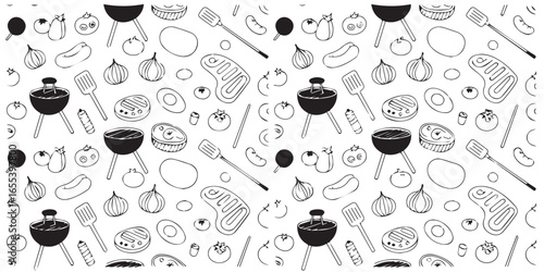 vector seamless barbecue pattern ai eps jpeg png with eggplant bellpeppers fork spatula salt pepper leaves
