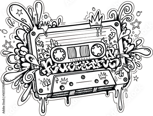Black and white illustration of a cassette tape with graffiti-style lettering, drips, stars, crowns, and abstract decorative elements.