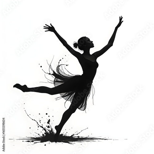 Ballerina silhouette in a dynamic arabesque with raised arms, flowing tutu dissolving into black ink splatters on a white background—elegant motion, fluidity, and subtle floor shadow