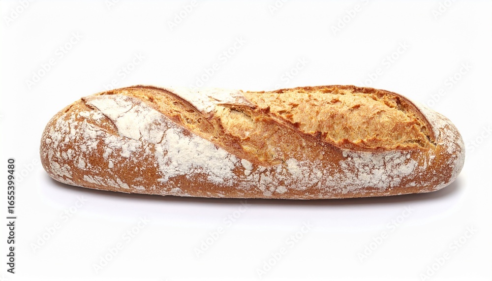 Rustic artisan bread loaf dusted with flour, showcasing a golden crust and appetizing texture Rustic artisan bread loaf dusted with flour, showcasing a golden crust and appetizing texture