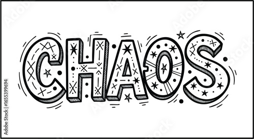 The word "CHAOS" is displayed in bold, outlined lettering, filled with various patterns, stars, dots, lines, and shapes.