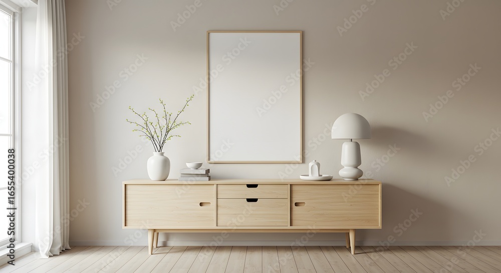Fototapeta premium A light wood credenza sits under a blank framed poster against a beige wall adorned with a lamp and vase