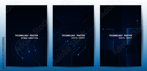 Futuristic digital blue line technology poster set, glowing lines innovation and connection network background for tech event poster or presentation product business