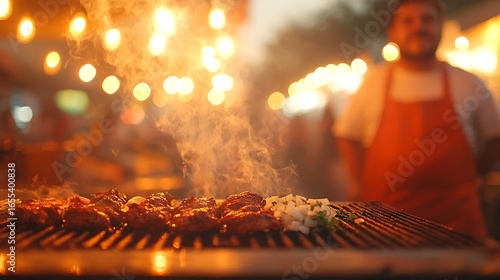 Delicious meat sizzling on a grill with smoke and bokeh lights in the background