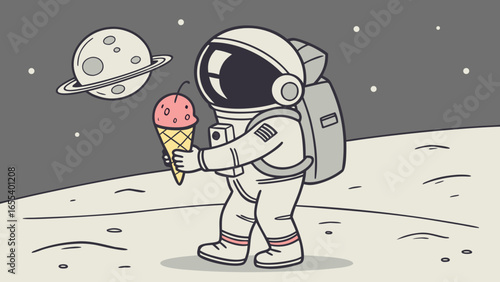 Astronaut eating ice cream on the moon vector illustration space exploration science fiction cartoon drawing art 100