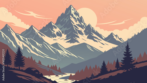 Mountain landscape vector illustration with sunset sky peak trees and river for travel and nature lovers