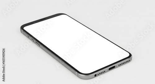 Smartphone with blank white screen laying on a white surface angled perspective