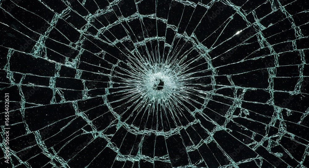 Fototapeta premium 黒背景に広がるクラック、鋭い光沢の割れたガラス、抽象的テクスチャ. AI Generated
