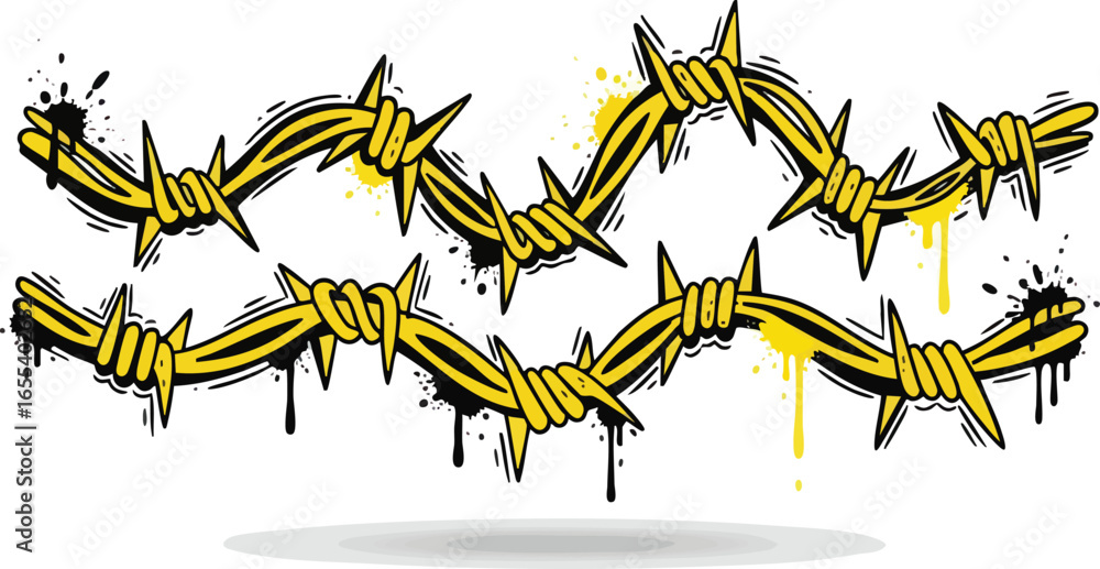 Artistic illustration of yellow barbed wire with black and yellow paint splatters, designed for graphic use.