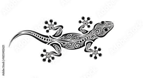 Decorative gecko with tribal patterns in black and white offering detailed ornamentation