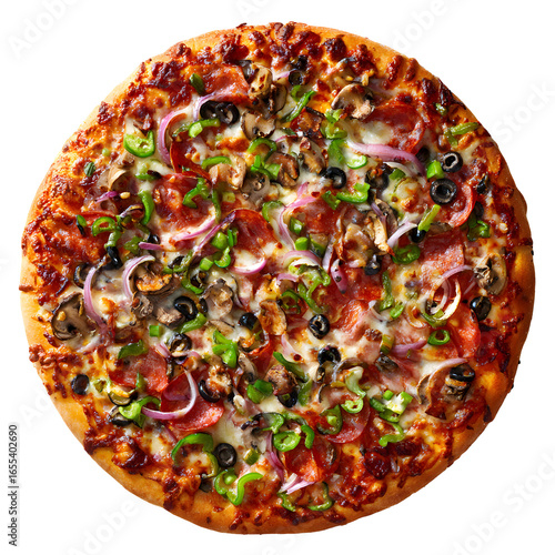 A loaded supreme pizza with pepperoni, bell peppers, mushrooms, onions, and olives. This vibrant, isolated top-down view is perfect for menu features.
