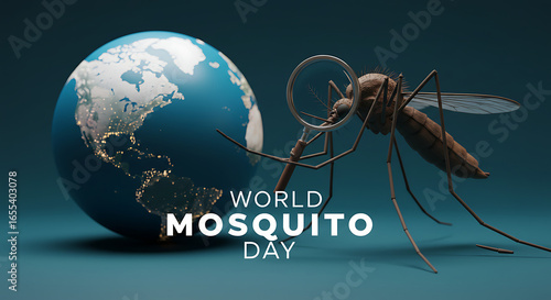 A conceptual 3D illustration for World Mosquito Day, depicting a mosquito scrutinizing the globe, representing the global threat of disease.