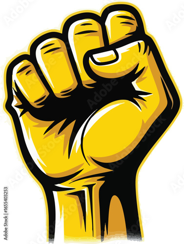 A bold, stylized illustration of a clenched yellow fist raised upwards, symbolizing power, resistance, and solidarity.