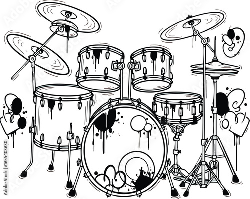 Black and white cartoon illustration of a drum set with graffiti-style splatters.