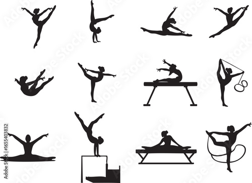 Female Gymnastics Silhouette Vector Set. Rhythmic Gymnastics and Acrobatics.