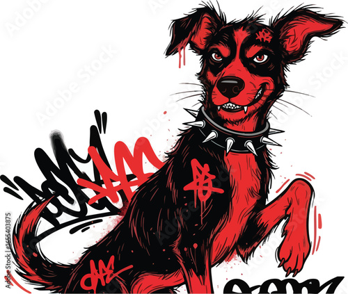 Cartoon illustration of a red and black dog wearing a spiked collar, with graffiti-style elements surrounding it.