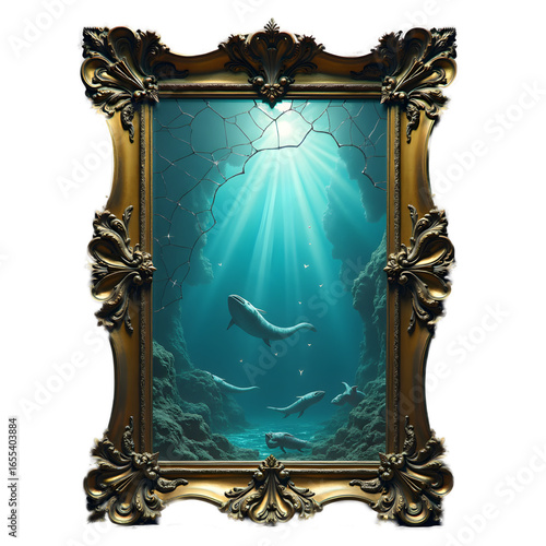 Shattered gold baroque frame revealing a sunlit underwater world of whales and fish — a surreal ocean portal with blue-green glow and rocky formations