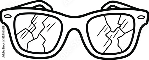 Black and white cartoon illustration of a pair of broken sunglasses with cracked lenses.