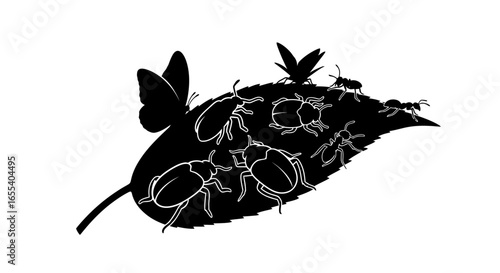 silhouettes of insects and butterflies on a leaf perfect for ecofriendly naturethemed designs educational materials and biodiversity projects