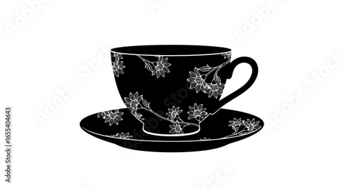 elegant black teacup and saucer with floral design perfect for cafe menus tea packaging or vintagestyle branding