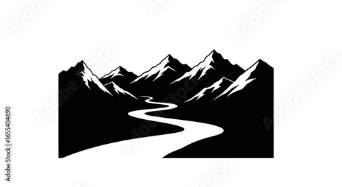 serene mountain river landscape black and white vector illustration for nature adventure and travel designs