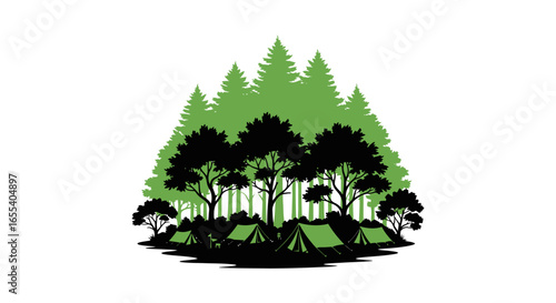 serene camping scene silhouette of tents nestled amongst lush green trees perfect for travel adventure and naturethemed designs