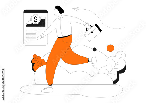 Dynamic business professional rushing to success with financial growth strategy, vibrant and modern illustration showcasing ambition and forward motion in the digital age, a symbol of opportunity